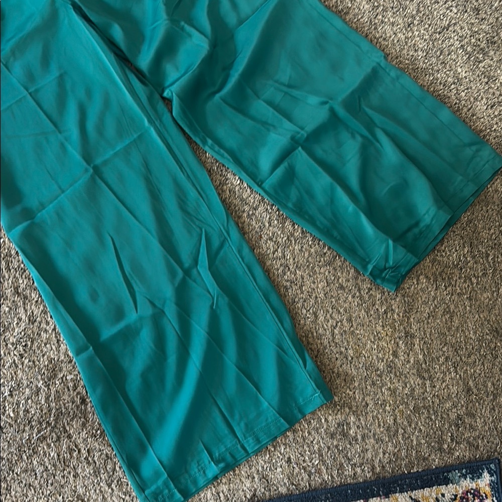 Teal silk wide leg Trousers - Picture 2 of 5